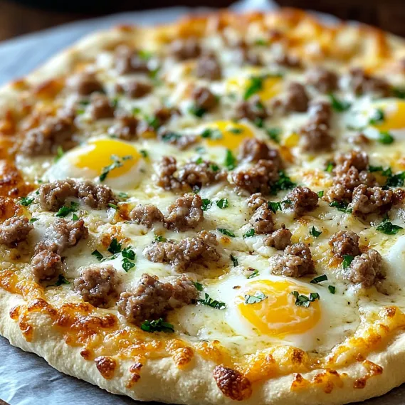 Pizza topped with sausage and eggs.