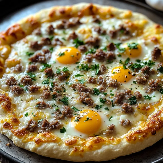 A pizza with eggs on top.