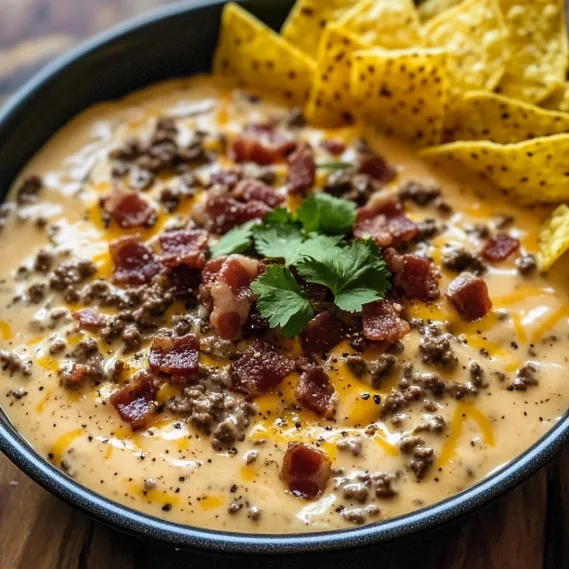 A bowl of soup with bacon and chips.