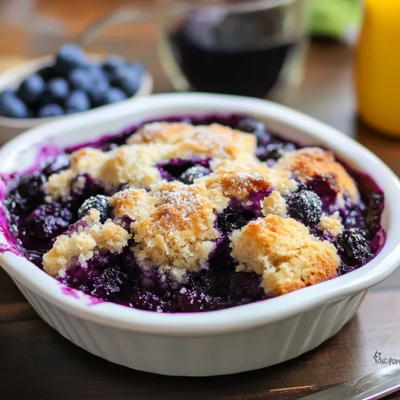 A bowl of warm blueberry cobbler.