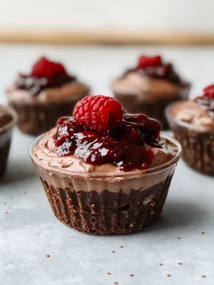 A cupcake with a raspberry on top.