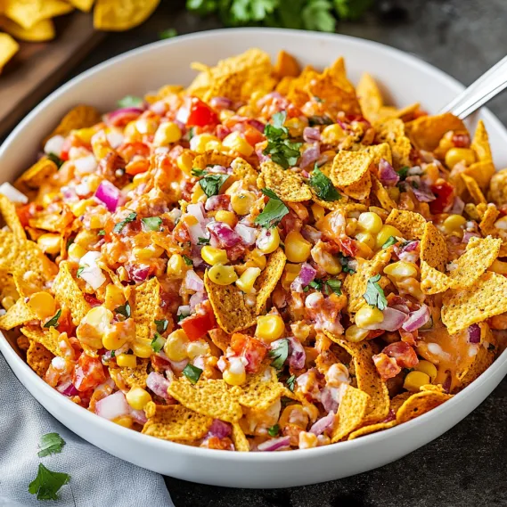 A mouthwatering bowl of nachos with fresh veggies like tomatoes and corn.