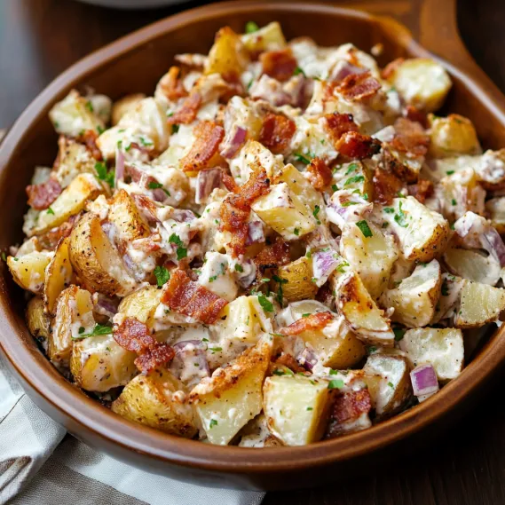A bowl with potatoes and crispy bacon.