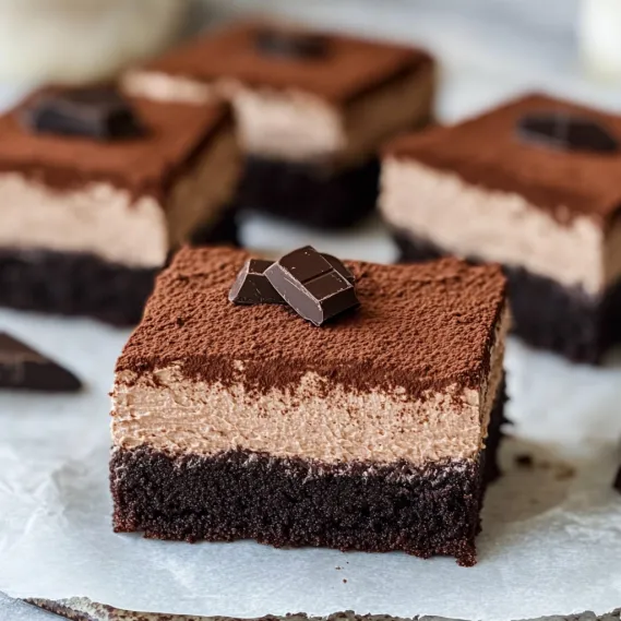 A fudgy dessert with a chocolate garnish on top.