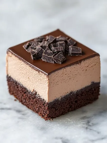 A slice of chocolate cake with chocolate chips on top.