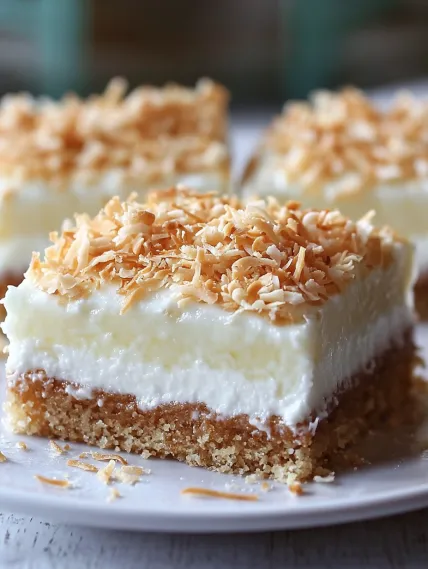 A piece of cake with coconut on top.