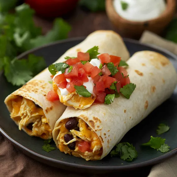 A crispy burrito with a side of sour cream on a plate.
