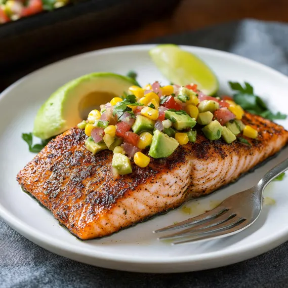 A dish featuring seasoned salmon, avocado, corn, tomatoes, and lime wedges.