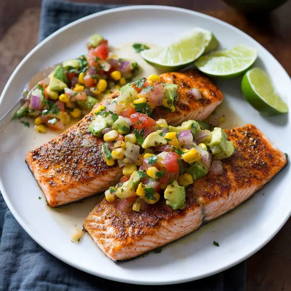 A plate of fish with tomatoes and limes.