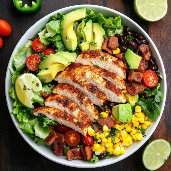 A bowl of food with chicken, avocado, tomatoes, corn, and lime.