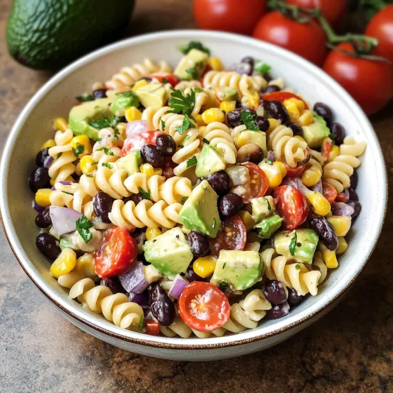 A delicious pasta dish topped with avocado, tomatoes, and corn.