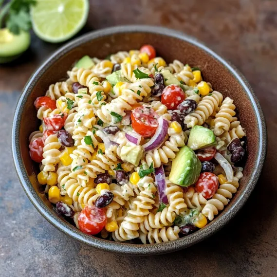 A bowl of pasta with tomatoes, corn, and avocado.
