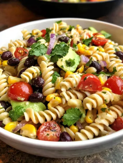 A bowl of pasta with tomatoes, corn, and beans.