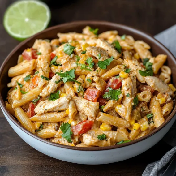A bowl of pasta with veggies and chicken.
