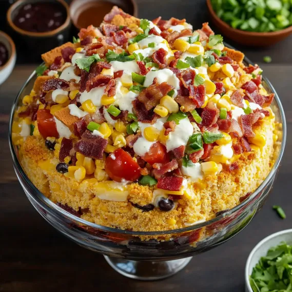 A food bowl stacked with bacon and cheese.