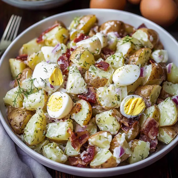A bowl of roasted potatoes and hard-boiled eggs.
