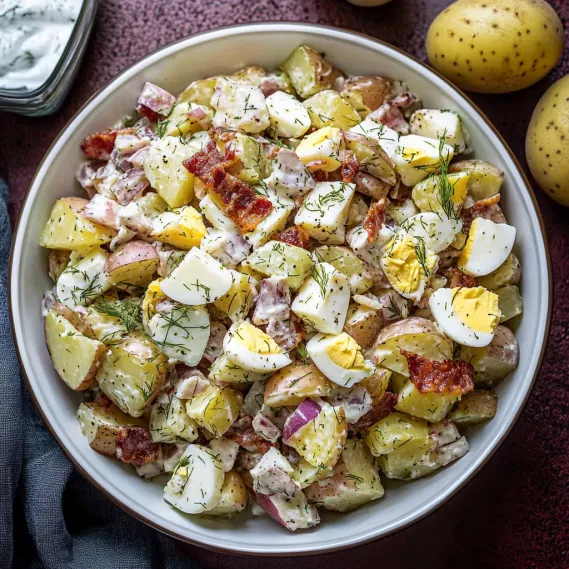 A bowl of food with eggs, potatoes, and bacon.