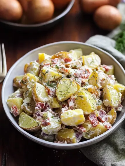 A bowl of potatoes with sauce.