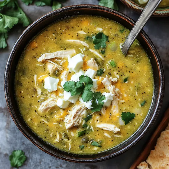 A bowl of soup with chicken and vegetables.
