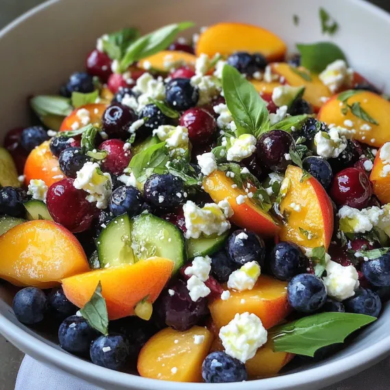 A colorful bowl filled with peaches, blueberries, and cucumbers.