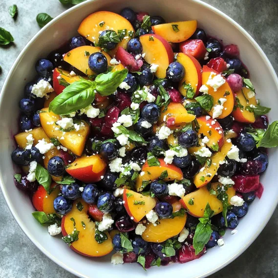 A bowl of fruit with blueberries, peaches, and mint.