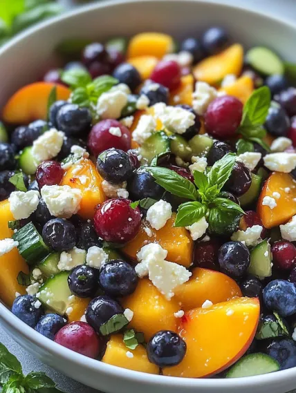 A bowl of fruit with blueberries, peaches, and other fruits.