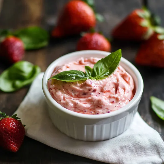 A bowl of strawberry butter with a basil leaf on top.