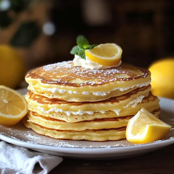A pancake stack topped with lemon slices.