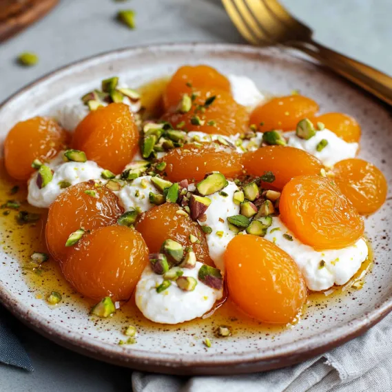 A plate of tender apricots with ricotta and pistachios.
