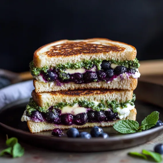 Blueberry sandwiches stacked with fresh mint.