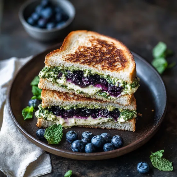 A sandwich with blueberries and mint on a plate.