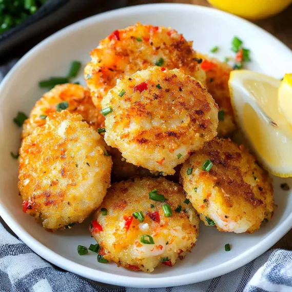 A serving of crispy shrimp cakes with lemon slices.