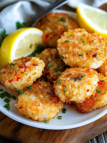 A plate of shrimp and lemon wedges.
