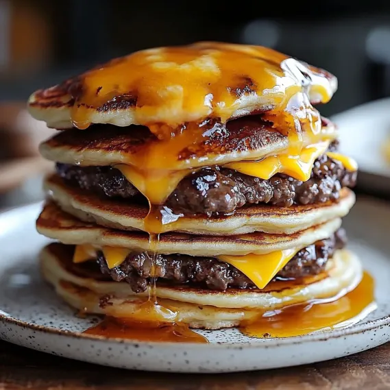 Stacked fluffy pancakes with melted cheese.