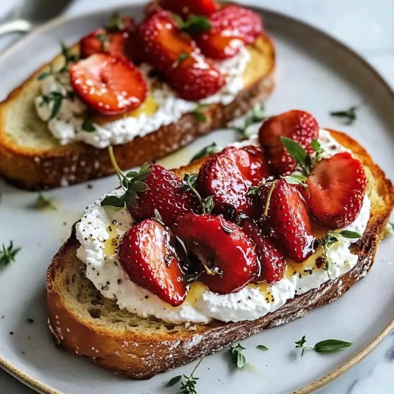 Two toast slices with strawberries and creamy ricotta.