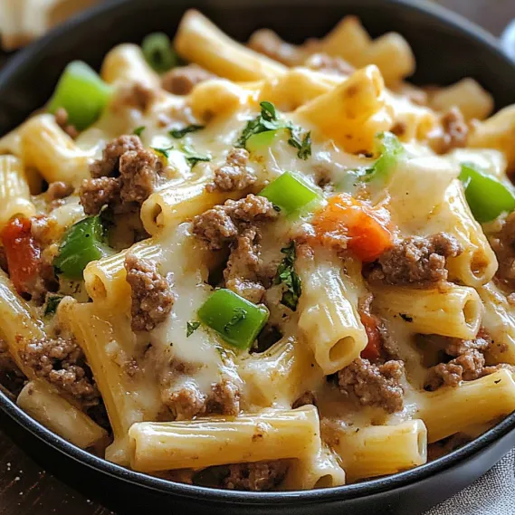 A bowl of pasta with meat and vegetables.