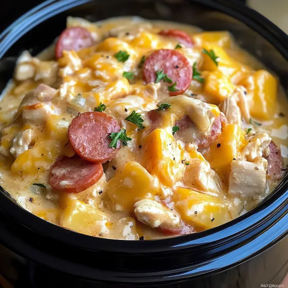 A comforting bowl filled with chicken, sausage, and creamy potatoes.