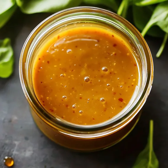 A jar of sauce with a green leaf on top.