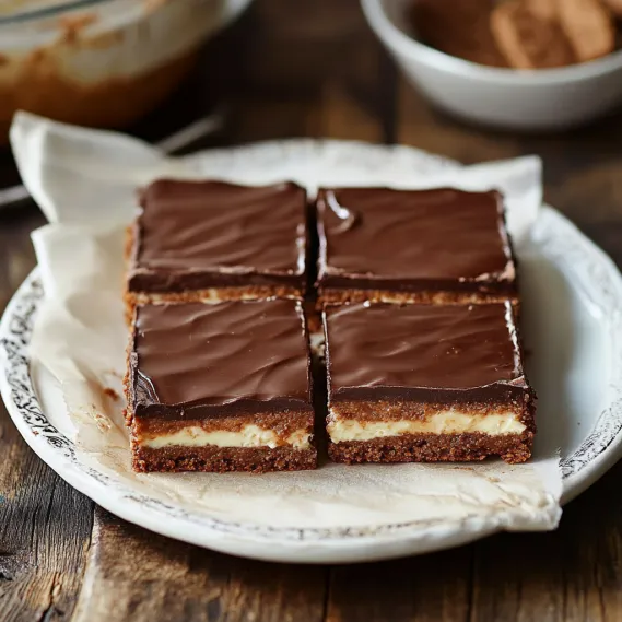 A plate of chocolate squares topped with biscuit pieces.