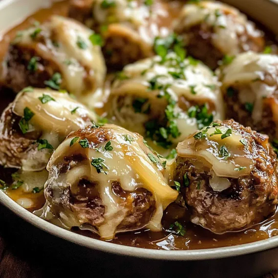 A bowl of juicy meatballs in rich onion gravy.