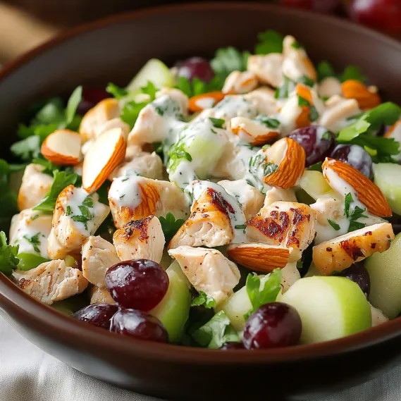 A bowl of creamy chicken salad with fresh grapes and crunchy almonds.