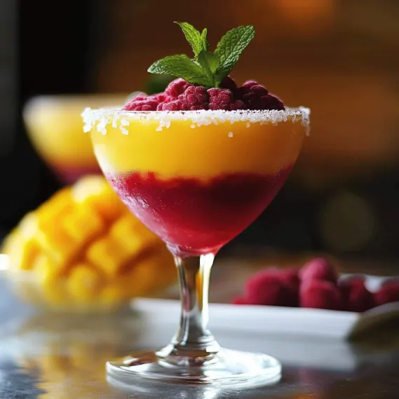 A fruity drink topped with mint and a straw.