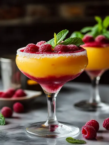 A glass of orange juice with raspberries in it.