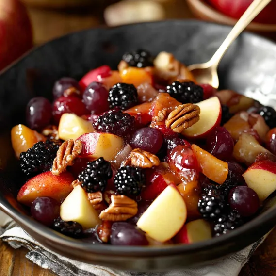 A vibrant fruit bowl featuring apples, blackberries, and nuts.