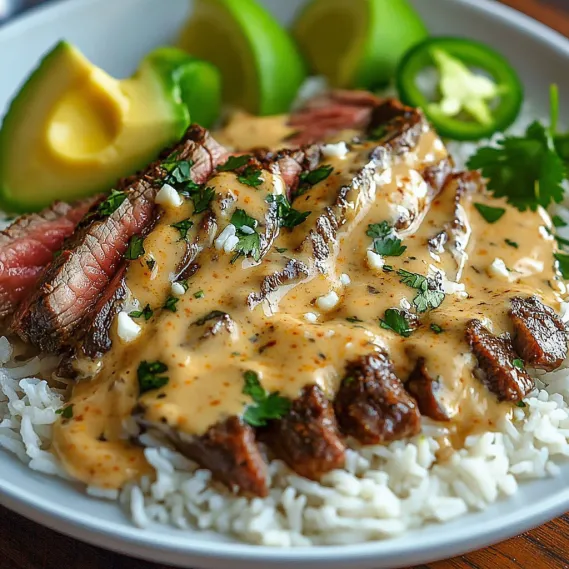Plate with juicy steak, cheesy rice, and fresh garnishes.