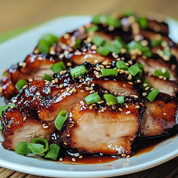 A plate of tender meat with shiny glaze and green onion garnish.