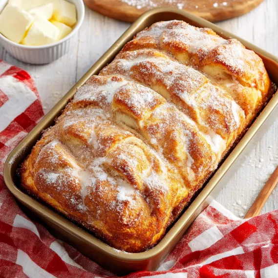 A loaf of bread with powdered sugar on top.