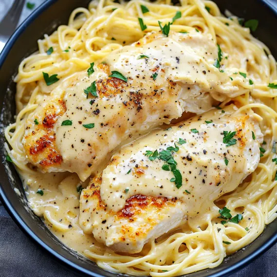 A bowl of pasta with chicken and sauce.
