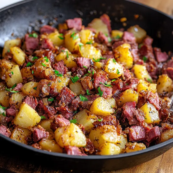 A hearty mix of corned beef and potatoes in a bowl.