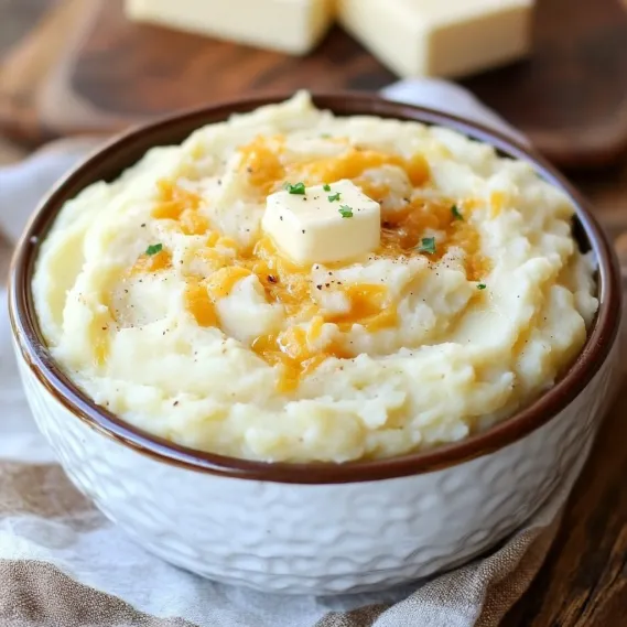 Mashed potatoes in a bowl topped with butter.
